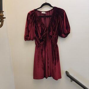 Georgie Red Velvet Mini Dress Puffed Sleeve Romantic Valentines Date Night Vamp